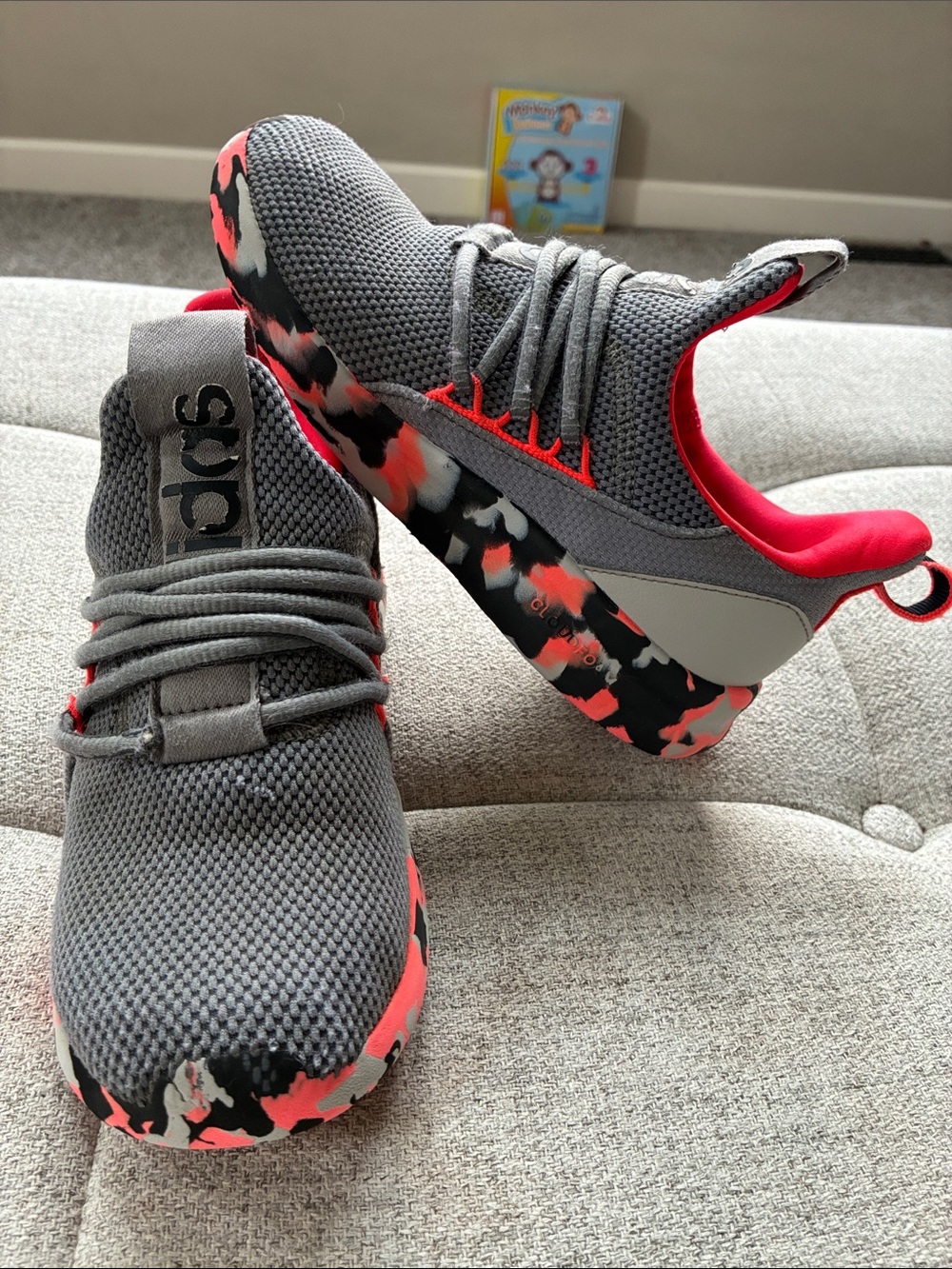 adidas Kids Grey and Neon Orange Athletic Sneakers - No Tie